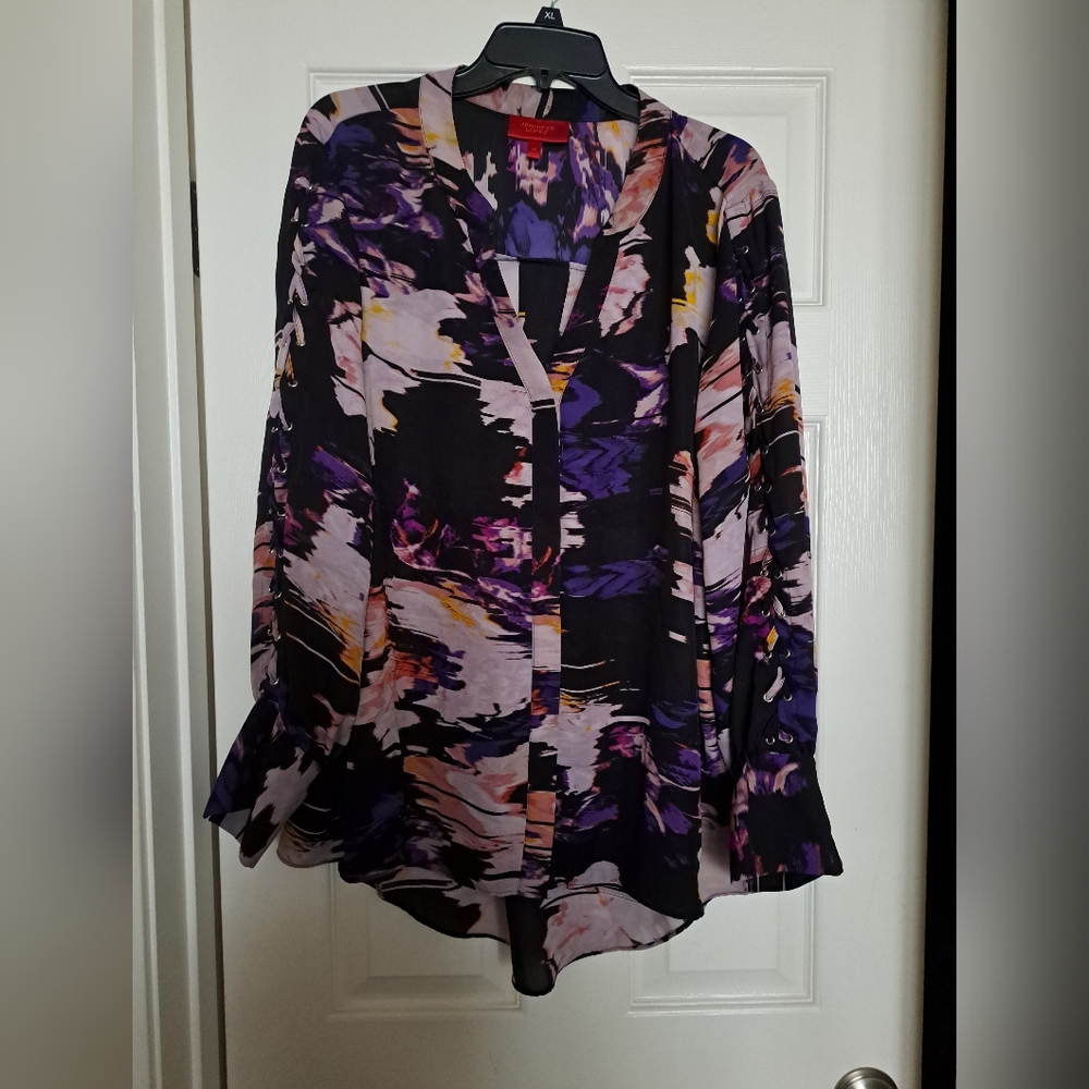 Jennifer Lopez Purple and Black Abstract Blouse